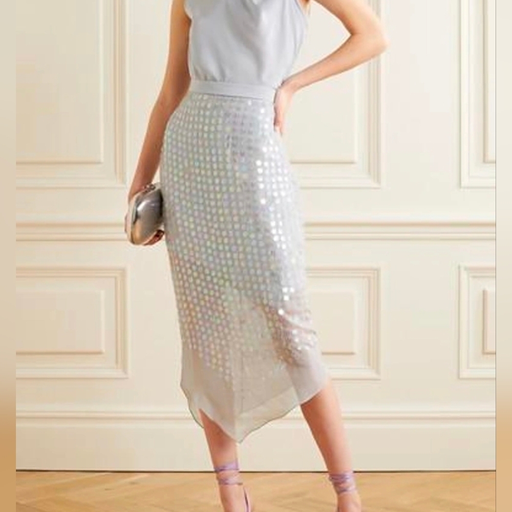 Cushnie High Waisted Sheer Skirt, Silk, Silver Asymmetrical Sequins Iridescent